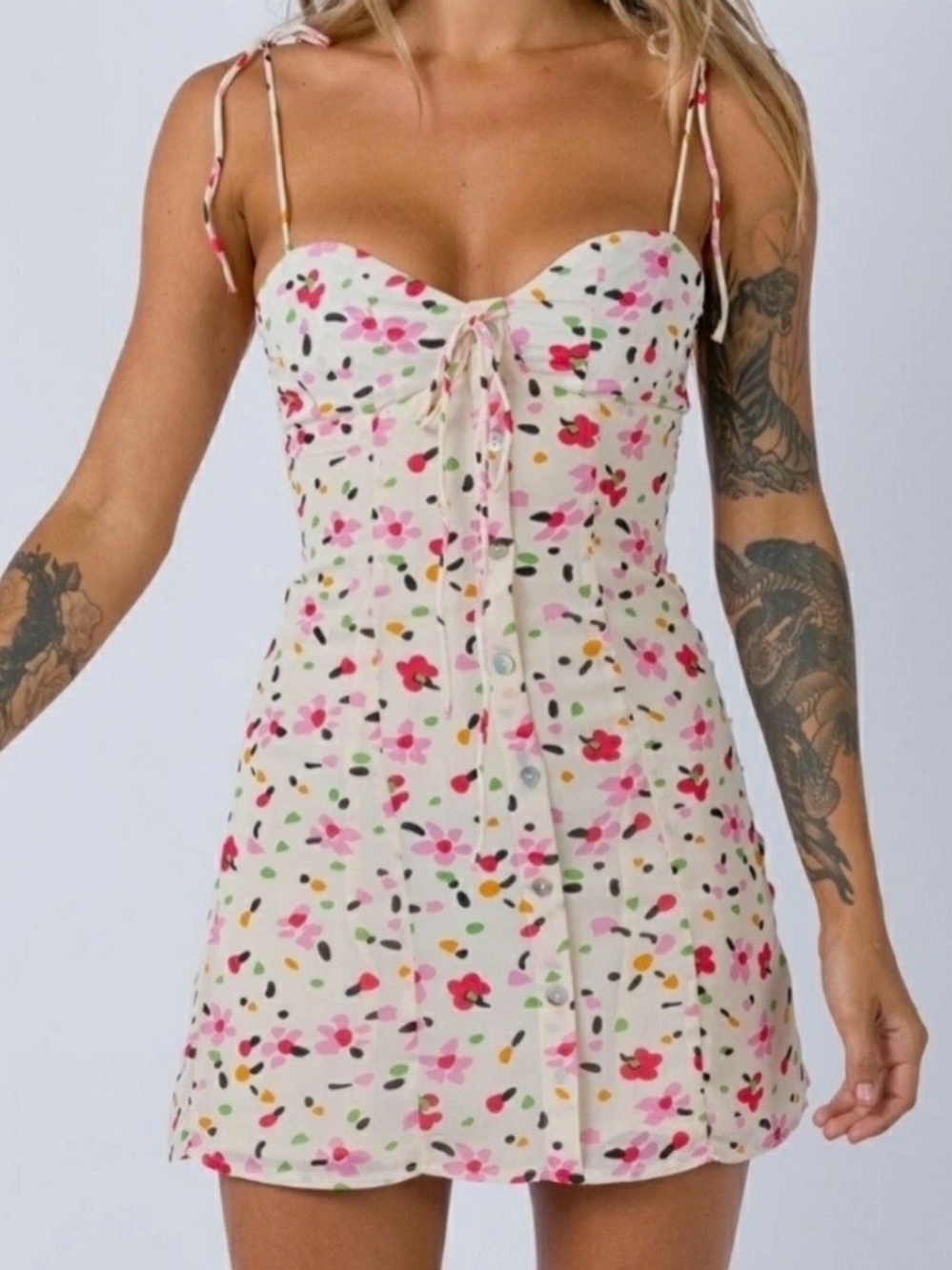 Princess Polly Cream Mini Dress with Pink, Black & Green Dot Print ( D99)